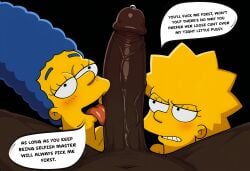 1boy 1boy2girls 2girls 2girls1boy absurd_res absurdres ai_assisted ai_generated annoyed annoyed_expression blue_hair brat bratty breasts cheating_wife dark-skinned_male drooling female high_resolution highres incest interracial large_breasts large_penis licking_penis lisa_simpson looking_at_viewer male marge_simpson mature_female mother_and_daughter penis penis_worship pov raleu10 speech_bubble the_simpsons veiny_penis yellow_skin