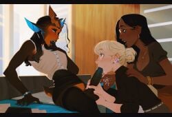 1futa 2girls 2girls1futa alien alien_futa balls black-skinned_futa black_hair black_skin black_thighhighs blonde_hair blue_tongue breasts caressing_testicles cleavage cum cum_in_mouth cum_inside cum_on_hand cum_overflow dark-skinned_female dark_skin dickgirl dickgirl/female earrings fellatio female fft_threesome futanari glasses group hair_bun horns human human/humanoid human_female incase intersex large_breasts large_penis light-skinned_female light_skin looking_at_another looking_up medium_breasts no_panties office office_lady oral oral_sex original penis pointy_ears puazi sexual_coaching small_breasts story_at_source testicles textless textless_version thighhighs threesome variant_set