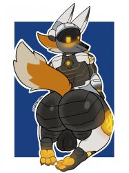 anthro aroused ass backsack balls ballsack big_butt blue_background blush bubble_butt canid canine claws cybernetics cyborg darkened_balls darkened_genitalia digitalkibou embarrased_horny embarrassed f0x_vt feet fox genitals hi_res huge_butt looking_at_viewer looking_back machine male mammal metallic_body pawpads paws raised_tail robot robot_anthro robotic_arm shy simple_background solo tail teasing teasing_viewer thick_thighs toe_claws tongue tongue_out visor_helmet whiskers yellow_blush yellow_eyes yellow_pawpads