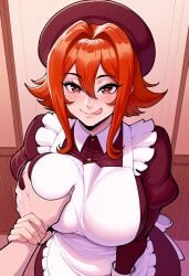 1girls ai_generated blush breasts dress female flewitai grabbing_another's_breast groping groping_breasts guided_breast_grab hair_intakes hat heart-shaped_pupils hearts huge_breasts large_breasts licking_lips looking_at_viewer maid maid_uniform medium_hair orange_hair pov pov_eye_contact pov_hands short_hair solo solo_focus tongue tongue_out