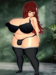 100percentnothing 1futa 3d :> areola_slip areolae_slip artist_upload auburn_hair belly_overhang black_bra black_legwear black_panties bulge choker chubby cute cyan_nails flower_in_hair futanari green_eyes huge_breasts huge_nipples koikatsu lolo_(percentnothing) long_hair looking_down original_character ponytail shy shy_smile soft