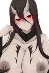 areolae battleship_hime black_hair blush breasts chiyo_(pk19981234) closed_mouth commentary_request eyebrows_visible_through_hair female hair_between_eyes horn horns huge_breasts kantai_collection large_areolae long_hair looking_at_viewer nipples nude oni_horns pale_skin red_eyes shinkaisei-kan simple_background very_long_hair white_background