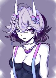 2024 annoyed_expression artist_upload bigoldstinker breasts cleavage demon demon_girl demon_horns hairclip hairclips highres ibispaint_(artwork) ibispaintx looking_at_viewer medium_breasts oc original original_artwork original_character self_upload sfw short_hair tubetop