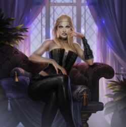 1girls 2d big_ass big_breasts bimbo black_boots black_nails black_pants blonde_hair breasts corset devil_may_cry devil_may_cry_(series) devil_may_cry_4 exposed_midriff female female_only high_heels long_hair seductive_stare slicked_back_hair solo solo_female trish_(devil_may_cry)