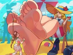 beach chained chains collar cynthia_(pokemon) cynthia_(summer_2025)_(pokemon_masters) digital_media_(artwork) dominant_female feet feet_focus female foot_fetish foot_lick foot_worship footprint footprint_on_sandals giantess heels leash licking_foot licking_soles licking_sweat micro micro_female pokeball pokemon pokemon_masters pokemon_masters_ex rosa_(pokemon) rosa_(special_costume)_(pokemon_masters) sandals shoes submissive_female sweat sweatdrop sweating sweaty tiny_female wardeotart worship