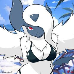 1:1 2025 anthro anthrofied big_breasts bra breasts cleavage clothed clothing digital_media_(artwork) evaacii fangs female fur generation_6_pokemon hair hi_res looking_at_viewer mega_absol mega_evolution navel neck_tuft nintendo panties pokemon pokemon_(species) pokemorph red_eyes smile solo tail teeth tuft underwear white_body white_fur white_hair wings