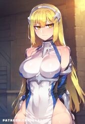 ai_generated aiz_wallenstein armor big_ass big_breasts big_butt big_thighs blonde_hair blush breasts dungeon_ni_deai_wo_motomeru_no_wa_machigatteiru_darou_ka expressionless female headband huge_ass huge_butt huge_thighs medium_breasts sideboob wanuze wide_hips yellow_eyes