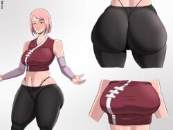 1girls adapted_costume bare_chest bare_midriff bare_thighs big_breasts blush boruto:_naruto_next_generations breasts cleavage crop_top day facial_mark facing_viewer female female_only forehead_mark front_view g-string grizzlyart hair_ornament hairband hands_on_hips happy happy_smile highleg highleg_panties leggings light-skinned_female light_skin medium_breasts midriff multicolored_clothes multicolored_clothing naruto naruto_(series) pink_hair pinup revealing_clothes revealing_swimsuit sakura_haruno shiny_hair shiny_skin short_hair short_hair_female shorts side_slit skimpy skimpy_bikini skimpy_clothes smile solo solo_female solo_focus standing thighs up_close