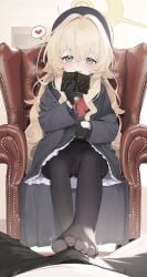 1boy absurdres black_hat black_jacket black_pantyhose blonde_hair blue_archive book feet female footjob footjob_over_clothes footjob_with_legwear gloves green_eyes halo hat heart highres holding holding_book jacket long_hair looking_at_viewer open_mouth pantyhose pov pov_crotch professor_niyaniya_(blue_archive) sitting smile solo_focus spoken_heart straight uta_(xuyansong1996) yellow_halo
