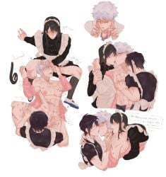 3boys alternate_costume anal anal_sex big_pecs black_hair blush class_3-z crossdressing cum cum_on_face english_text erection eye_patch femboy gangbang gay gintama gintoki_sakata glasses inverted_nipples katsura_kotarou kgymkou1205 kissing long_hair long_hair_male maid_headdress maid_uniform male male_only mmm_threesome muscular muscular_male official_alternate_costume pec_grab pecs penis puffy_nipples takasugi_shinsuke teacher teacher_and_student threesome uncensored uwabaki white_hair wrist_grab yaoi
