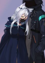 1boy absurdres animal_ear_fluff animal_ears arknights arms_behind_back bondage breast_bondage breasts coat doctor_(arknights) female gag gag_harness gag_under_mask gagged green_eyes grey_hair highres looking_at_viewer medium_breasts nude one_eye_closed restrained rosmontis_(arknights) shibari_under_clothes standing stealth_bondage wanliu