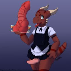 1boy 2018 alcohol anthro balls beverage blue_eyes clothed clothing crossdressing dildo dragollo hi_res horn hyper_dildo kobold looking_at_viewer maid_uniform male male_only open_mouth penis scales servant sex_toy simple_background small_tail smile solo uniform