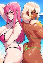 2girls ai_generated ass beach big_ass big_breasts bikini blonde_hair breasts cleavage cowboy_shot dark-skinned_female dark_skin female flewitai green_bikini gyaru huge_ass huge_breasts large_breasts multicolored_hair multiple_girls panties pink_bikini pink_hair smile standing streaked_hair swimsuit tongue_out water