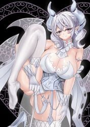 blush boot breasts clothing demon demon_girl demon_horns duel_monster earrings female focus footwear fringe huge_breasts labrynth_of_the_silver_castle legwear leotard lovely_labrynth_of_the_silver_castle one_leg_raised one_leg_up princess smile thighs twintails yota-7044 yu-gi-oh!