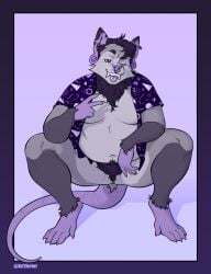 2025 ambiguous_gender american_opossum anthro belly belly_hair big_belly body_hair chest_hair deep_navel ear_piercing facial_piercing gesture hand_gesture hi_res looking_at_viewer mammal marsupial navel nonbinary_(lore) nose_piercing nose_ring obese obese_ambiguous obese_anthro overweight overweight_ambiguous overweight_anthro piercing pubes ring_piercing softsorbet solo thick_thighs tongue tongue_out v_sign