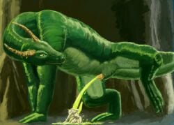 2008 anthro bodily_fluids colored dragon duo female feral fur genital_fluids genitals green_body horn jeri_kleinlowe macro male male/female mammal micro micro_abuse mythological_creature mythological_scalie mythology peeing peeing_on_another peeing_on_micro penis raised_leg scalie urine white_body white_fur