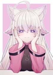 ahoge animal_ears arms_on_table bell_sleeves black_leotard breasts cat_ears cat_girl cleavage colored_inner_hair colored_tips commission female gold_necklace hair_between_eyes hands_on_own_face happy highres indie_virtual_youtuber jewelry kannagi_uhb large_breasts leotard long_hair looking_at_viewer multicolored_hair necklace pink_background pink_sleeves purple_eyes shiyuonline simple_background skeb_commission smile solo solo_focus white_hair