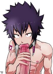 2boys abs fairy_tail fellatio gay male_only mlm4anemone muscles nipples oral penis penis_grab purple_hair red_eyes yaoi