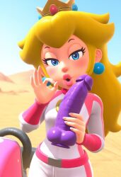 1girls 2025 3d ai_generated background blonde_hair blue_eyes civitai crown d3rmal desert dildo earrings excited fellatio_gesture female go_kart holding_object horny kart lipstick long_hair looking_at_viewer mario_(series) mario_kart_world naughty nintendo princess_peach racing_suit seductive seductive_pose solo standing tagme