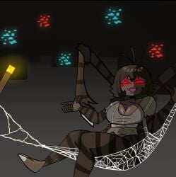 1girls 8_eyes cave chelicerae claws cleavage dark female glowing_eyes glowing_red_eyes hair korazor lotus_(nannocansado) lotus_(verycansado) minecraft multi_eye point_of_view pov red_eyes spider_(minecraft) spider_girl striped_body tagme talons thick_thighs torch web