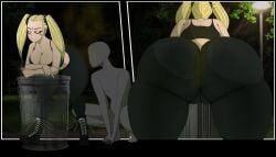 anon big_ass blonde_hair boots cleavage goth looking_away mrwastemaster park ponytails pov smelly smelly_ass sports_bra squating trash_can victoria_(mrwastemaster)