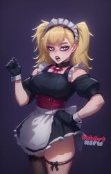 1girls ai_generated alternate_costume ani_(twitter) blonde_hair blue_eyes bobartnsfw breasts choker choker_charm cuffs_(clothing) disinterested female female_only fishnets hand_on_own_hip looking_at_viewer maid maid_apron maid_headdress maid_outfit maid_uniform makeup medium_breasts mismatched_legwear open_mouth simple_background solo stable_diffusion teeth thick_eyebrows thick_thighs thighhighs watermark