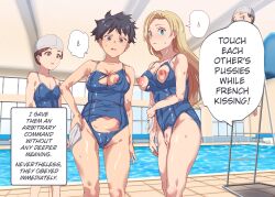 4girls absurd_res absurdres altered_common_sense arisa_(nyuu) bare_shoulders black_eyes black_hair blonde_hair blue_eyes blushing_at_viewer blushing_female breasts brown_hair censor_bar censored_pussy change_in_common_sense cleavage collarbone common_sense_change concerned cut_clothes dialogue emotionless emotionless_female erect_nipples exposed_breasts exposed_pussy exposed_tits female hand_on_hip hard_translated huge_breasts hypnotized_female hypnotized_personality_change imminent_kiss imminent_rape imminent_vaginal indifference indifferent long_blonde_hair long_hair manipulation mind_control mukanshin_pool navel nyuu_(manekin-eko) open_clothes ore_ga_nani_shite_mo_atarimae pussy short_black_hair short_hair source_request speech_bubble standing sweating tech_control text thought_bubble tomboy torn_clothing torn_leotard torn_swimsuit translated unaware unaware_hypnosis unbothered voluptuous_female