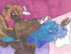5_fingers anal anal_sex anthro anthro_on_anthro anthro_penetrated anthro_penetrating anthro_penetrating_anthro antlers bed bedding belly big_breasts big_nipples black_nipples black_nose blanket blue_body blue_eyebrows blue_eyes blue_fur blue_hair bodily_fluids breasts brown_antlers brown_body brown_claws brown_eyebrows brown_fur brown_hair brown_hooves brown_inner_ear_fluff claws cum cum_while_penetrated deer duo eyebrows fingers fondling_internal_bulge fur furniture genital_fluids gynomorph gynomorph/male gynomorph_penetrating gynomorph_penetrating_male hair hooves horn huge_breasts inner_ear_fluff inside intersex intersex/male intersex_penetrating intersex_penetrating_male looking_pleasured male male_penetrated mammal mephitid mikefox2400 multicolored_body multicolored_fur navel nipples open_mouth overweight overweight_anthro overweight_gynomorph overweight_intersex penetration penis_shaped_bulge pillow pink_nipples pink_tongue sex skunk tail tongue tuft vein_bulge yellow_eyes
