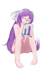 asakura_rikako dildo glasses holding_object naked purple_eyes purple_hair puruti pussy rikako_asakura white_headwear