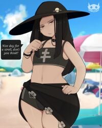 1they androgynous beach black_hair bulge_through_clothing clothed crop_top femboy gdblight gothic guilty_gear guilty_gear_strive light-skinned_male light_skin male more_at_source pale-skinned_male pale_skin red_eyes skull solo teasing testament_(guilty_gear) text