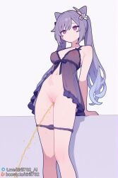 1girls ai_generated boosty_username breasts female female_only genshin_impact keqing_(genshin_impact) kirill782 leaning_back long_hair negligee nipples panties panties_pull peeing purple_eyes purple_hair pussy solo stable_diffusion standing standing_pee telegram_username twintails urinating urinating_female urination urine urine_stream watermark