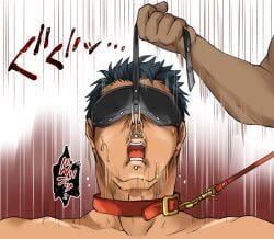 2boys bdsm_gear blue_hair collar covered_eyes duo eye_mask frown gay hardcore hi_res humiliation leash male male/male male_only mature_male motion_lines muscles muscular muscular_male nipple_rings no_visible_genitalia nose_hook nostril_piercing nostril_ring obedience original original_character pain pet_play pierced_nose piercing pulling short_hair simple_background student_dom submissive sweat sweatdrop sweating sweaty teacher_sub tomto topless torture tough_guy yaoi