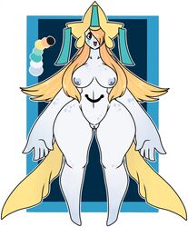 anthro big_breasts blonde_hair breasts demonnyuu female hair jirachi legendary_pokemon long_hair nintendo nipples nude open_mouth original_character pokémon_(species) pokemon pokemon_(species) pussy rule_63 simple_background smile solo standing thick_thighs video_games wide_hips