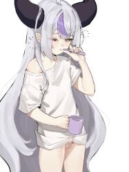 :i absurdres ahoge artistic_error ayeon black_horns blush bottomless brushing_teeth closed_mouth cowboy_shot cup demon_girl demon_horns erection female flat_chest foreskin futanari half-closed_eye highres holding holding_cup holding_toothbrush hololive horns korean_text la+_darknesss large_horns long_hair looking_ahead morning_wood multicolored_hair one_eye_closed penis petite pointy_ears purple_streaks shirt short_sleeves simple_background single_hair_streak single_off_shoulder sleepy small_penis solo sound_effects squeans standing streaked_hair t-shirt tears testicles toothbrush toothbrush_in_mouth translation_request two-tone_hair uncensored very_long_hair virtual_youtuber white_background white_hair white_shirt yellow_eyes