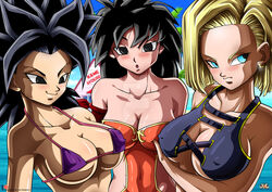 2milfs 3girls android_18 black_hair blonde_hair blue_eyes blush breasts caulifla cleavage curvy dragon_ball dragon_ball_super erect_nipples erect_nipples_under_clothes female female_only gine huge_areolae huge_breasts maniaxoi milf milfs mother mothers multiple_girls puffy_nipples saiyan short_hair shounen_jump thick_lips voluptuous wide_hips