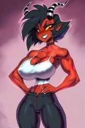1girls ai_generated bare_arms bare_legs bare_shoulders bare_thighs big_breasts black_hair breasts color demon demon_girl demon_horns demon_tail female gigiti helluva_boss hi_res imp large_breasts looking_at_viewer millie_(helluva_boss) red_body red_skin thick_thighs