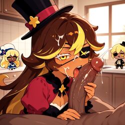 1boy 1girls ai_generated blowjob clothed_female_nude_male cock_worship cookie cookie_run cookie_run_kingdom cum dark-skinned_male fellatio female humanoid kitchen licking_penis looking_at_viewer male penis tongue