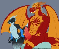 2018 abs anthro apollo_(dragollo) arm_warmers armwear ass avian balls barazoku big_butt big_tail bird blue_eyes blue_feathers claws clothing dragollo dragon duo erection feathers furry furry_only graxtor hi_res horn long_tail male muscular muscular_male no_humans nude open_mouth penis reptile scalie simple_background smile teeth thick_thighs thong tongue tongue_out wings wireframedragon yaoi