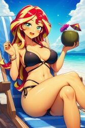1girls ai_generated beach beach_chair big_breasts bikini black_bikini bracelet breasts cloud cocktail_umbrella coconut_drink crossed_legs drinking_straw equestria_girls female female_only friendship_is_magic hasbro looking_at_viewer my_little_pony nai_diffusion nail_polish navel novelai ocean red_nails side-tie_bikini_bottom sky solo solo_female stable_diffusion sunset_shimmer swimsuit thighs water