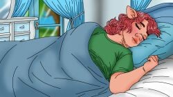 asleep beastfolk bedroom bedroom_background chubby chubby_femboy cute cute_face femboy legends_of_the_written_realms male male_only pig pig_beastfolk pig_ears pink_hair pink_skin porcus_huffsbrick sealixir sleep sleeping smile valy_gc