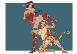 2girls abrosiis animal_humanoid armor black_hair boots breasts cheetah_(dc) cheetah_humanoid clothed clothing dc_comics diana_prince feline feline_humanoid female foot_wraps footwear hair half-closed_eyes hi_res holding_object human human_on_humanoid humanoid jewelry lasso loincloth long_hair mammal multiple_girls necklace nipples no_underwear on_one_knee on_one_leg pussy raised_leg red_hair smile spread_legs spreading standing tongue tongue_out topless vambraces wonder_woman wonder_woman_(series) wraps yuri