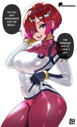 1girls 2025 amate_yuzuriha big_ass big_breasts blue_eyes female female_only grabbing_clothing gundam gundam_gquuuuuux kyoffie latex latex_suit looking_at_viewer multicolored_hair pale-skinned_female pale_skin red_hair tagme watermark white_background
