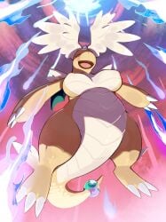 2025 3_fingers 3_toes anthro areola big_breasts breasts claws closed_eyes digital_media_(artwork) featureless_crotch feet female finger_claws fingers front_view generation_1_pokemon generation_9_pokemon hi_res kame_3 low-angle_view mammal mega_dragonite nintendo nipple_outline nipples non-mammal_breasts non-mammal_nipples nude nude_anthro nude_female open_mouth open_smile orange_body orange_tail pokemon pokemon_(species) pokemorph scales smile solo tail thick_thighs toe_claws toes tongue ventral_scales wide_hips