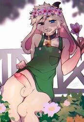 2025 accessory anthro antlers apron apron_only artist_name balls bell bell_collar blonde_hair blue_eyes bovid brown_eyes caprine cheek_tuft clothed clothing collar digital_media_(artwork) erection facial_tuft femboy floppy_ears flower flower_crown flower_in_hair fur garden genitals goat green_clothing hair hair_accessory heterochromia hi_res holding_flower holding_object horn humanoid_genitalia humanoid_penis looking_at_viewer male male_only mammal nude partially_clothed penis pinup plant pose presenting short_hair signature sitting slim smile smiling_at_viewer solo text tuft yabeweny yellow_body yellow_fur