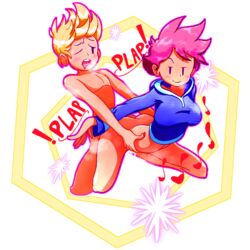 1boy absurdres aged_up arched_back ass blonde_hair blush_stickers bottomless doggy_style drawfag drooling earthbound female highres kumatora lucas mob_face mother_(game) mother_(series) mother_3 nintendo nude pink_hair sex short_hair smile transparent_background