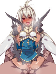 1boy anal anus bangs bare_shoulders black_gloves blush breasts breath brll censored clothed_sex commentary_request crossed_bangs dark_skin double_v erection fantasy female furrowed_eyebrows gloves gold_trim granblue_fantasy grey_hair half-closed_eyes hands_up heart heart-shaped_pupils highres large_penis large_testicles long_hair looking_at_viewer mosaic_censoring open_mouth penis pussy red_eyes reverse_suspended_congress sex small_breasts solo_focus straight symbol-shaped_pupils testicles textless tongue v white_background white_hair zooey_(granblue_fantasy)