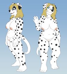 amy_labelle anthro big_breasts blue_eyes breasts canine canine dalmatian female floppy_ears fur hair jailbird mammal multiple_poses nude pose pussy simple_background slightly_chubby smile solo spots