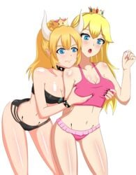 2girls alpha_channel bikini black_bikini blue_eyes blush bowsette bracelet breast_grab breasts choker cleavage clothed collar crop_top crown cute_fang duo female female_only for_sticker_use genderswap_(mtf) grabbing_from_behind groping horns human human_on_humanoid humanoid humanoidized large_breasts long_hair mario_(series) multiple_girls nail_polish navel new_super_mario_bros._u_deluxe nintendo no_background open_mouth pink_nails png png_file pointy_ears ponytail princess_peach rule_63 shiny_skin simple_background spiked_bracelet spiked_collar standing sticker_template super_crown super_mario_bros. surprised swimsuit tank_top transparent_background transparent_png white_background wide-eyed wirpem yuri