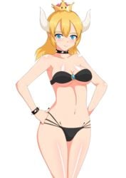 absurdres alpha_channel bikini black_nails blonde_hair blue_eyes blush bowsette bracelet breasts cleavage clothed collar cowboy_shot crown cute_fang earrings female female_only for_sticker_use front_view genderswap_(mtf) hair_between_eyes hands_on_hips highres horns humanoid humanoidized large_breasts long_hair mario_(series) medium_breasts nail_polish navel new_super_mario_bros._u_deluxe nintendo no_background png pointy_ears rule_63 shiny_skin solo spiked_bracelet spiked_collar sticker_template super_crown transparent_background transparent_png underboob white_background wirpem