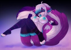 anthro anus breasts canid canine clothing female fur furry furry_only hair hair_over_eye legwear lunarii mammal nipples open_mouth pussy solo tail thick_thighs thigh_highs tongue tongue_out x-leon-x